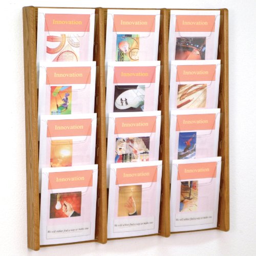 DMD Literature Display, 12 Pocket, Solid Oak and Acrylic Wall Mount Rack, Medium Oak Wood Finish