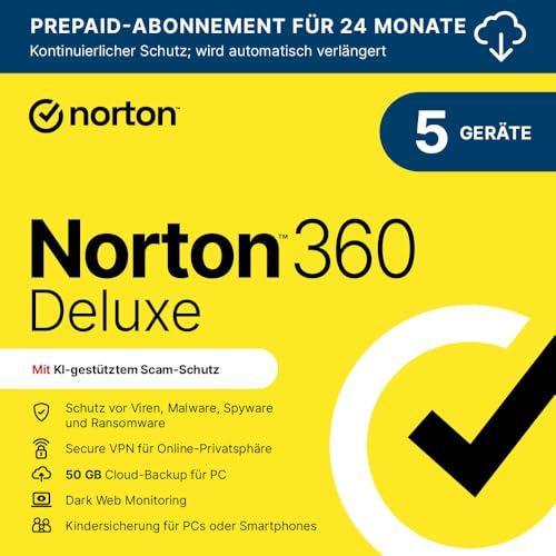 Norton 360 Deluxe 2026 │5 Geräte│ 2-Jahres Abonnement mit automatischer Verlängerung │Aktivierungscode per Email