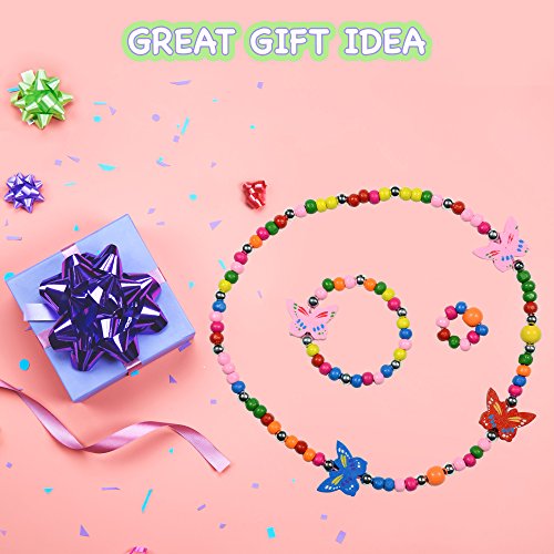 SMITCO Kids Costume Jewelry Set for Little Girls and Toddlers - Wooden, Beaded Toy Necklace, Bracelet and Ring for Play Pretend or Dress Up - Non-Toxic and Safe for Children Ages 3 to 8