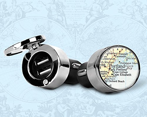 Custom Map Car Charger - Portland ME - State of Maine - USB Cell Phone Tablet Charger - Dual Port Stainless Steel Cover