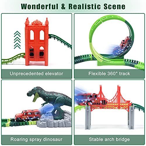 Dinosaur Toys Race Track Set 239 PCS , Flexible Train Tracks with With 1 elevator, 1 spray dinosaur,1 Ferris wheel (360 Degree Rotation),1 Bridge,2 Electric Cars ,Best Gift for kids Boys and Girls