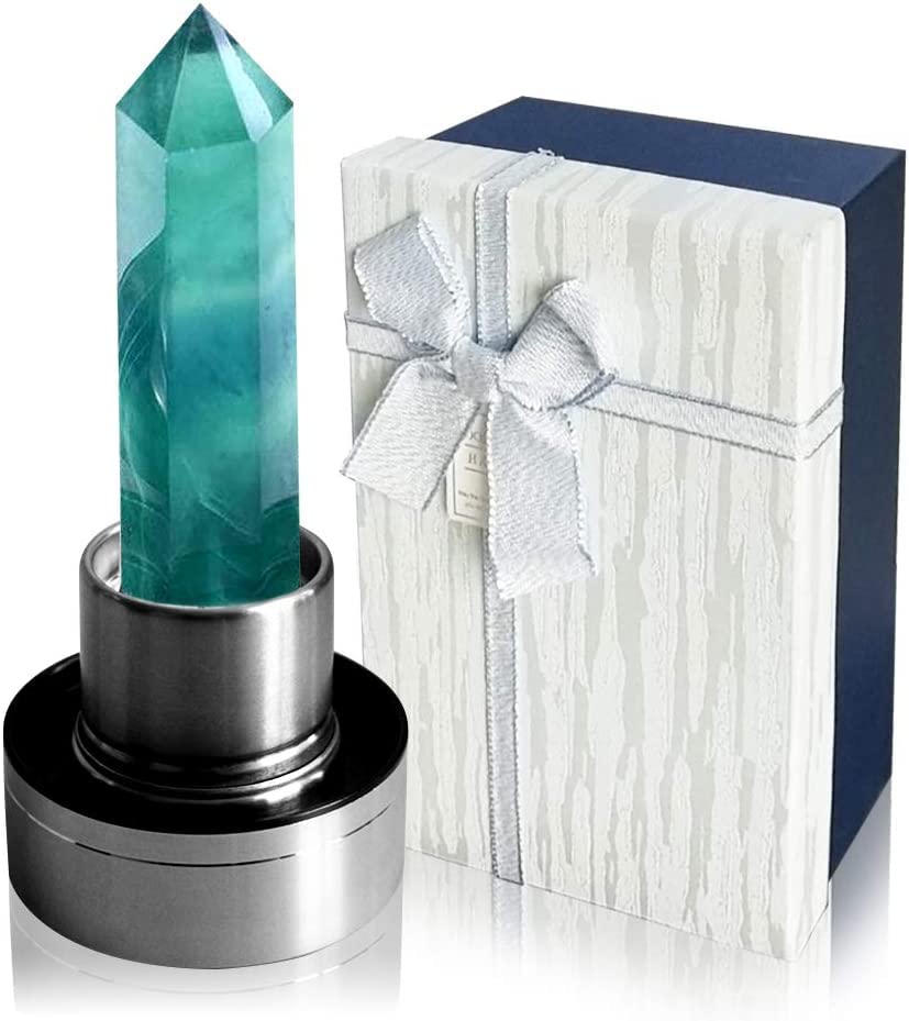 HINATAA Crystal Water Bottle, Removable Natural Crystal Gemstone Glass Bottle, Portable Proof Leak Natural Quartz Water Bottle, BPA Free Durable Gemstone Bottle 550ml (Green Fluorite Crystal)