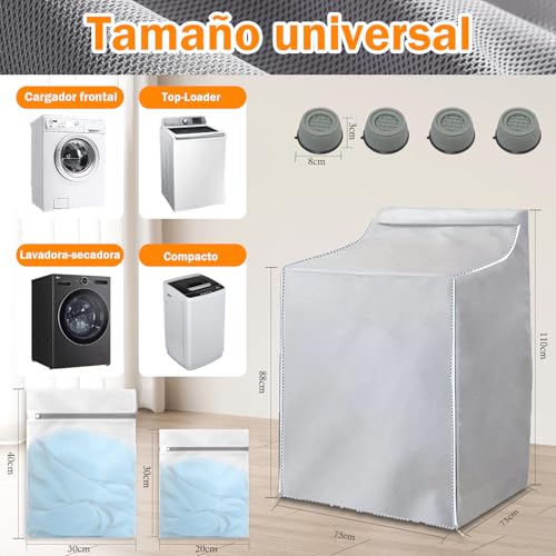 KIROGILY Funda para Lavadora, Funda de Lavadora y Secadora Resistente A Los Rayos UV, al Polvo y al Agua, Cubre Lavadora Ajustable con Almohadillas Antivibración de 4 Piezas y Dos bolsas para lavadora