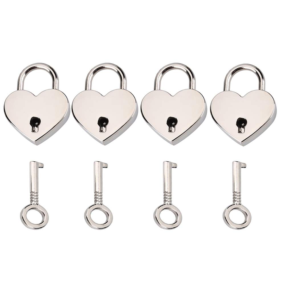 Schneespitze 4 Pcs Key Padlock,Mini Padlock Key Heart Shaped Padlock Heart Metal Padlock Vintage Style for Jewelry Box,Storage Box,Diary,Luggage Handbag,Gift