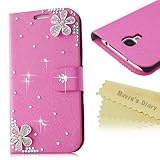 Mavis's Diary Bling Crystal Flower Rhinestone Fashion Leather Wallet Type Magnet Design Flip Luruxy Case Pink Cover with Soft Clean Cloth (Samsung Galaxy S4 9500 9505 M919)