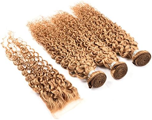 Yami 7A Grade Brazilian Curly Hair 3PCS Lot Brazilian Curly Virgin Hair Weaves, Brazilian Jerry Curl Virgin Hair with Top Lace Closure Blonde 27# (12 14 16 +10 Closure)
