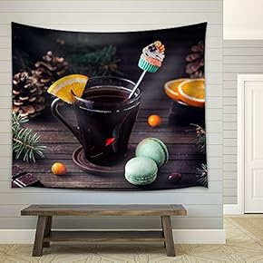 Decorative Spoon with Cupcake in The Glass with Tea and Oranges Slice - Fabric Wall Tapestry Home Decor - 51x60 inches
