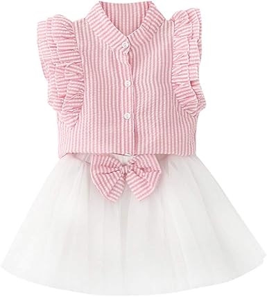 Mitlfuny Primavera Verano Camisas para Bebé Recién Nacido Botón Manga Corta Blusas Rayas Volantes Plisado Collar de Pie Camiseta Tops + Arco Malla Tutú Falda Ropa de Conjunto Niñas Niños 2-7 Años: