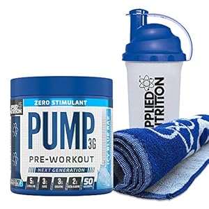 Applied Nutrition Bundle Pump 3G Zero Stimulant Pre Workout 375g + Gym Towel + 700 ml Protein Shaker | Performance with Creatine, AAKG, Citrulline, Beta Alanine, Theanine (ICY Blue Raz)