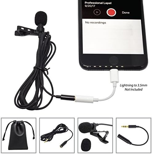Professional Omnidirectional Noise Cancelling Lavalier Lapel Microphone 5 Pack Kit | Adaptor, Long Wired Extension, Extra Windscreen | Compatible – iPhone 7, 8, X, Plus/DSLR/PC