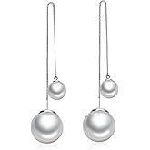 Elegant 925 Sterling Silver Long Freshwater Pearl Drop Earrings Chain Dangle Earrings for Women