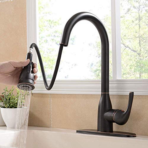 Solid Brass Single Handle Pull Out Sprayer Oil Rubbed Bronze Kitchen Faucet, Pull Down Kitchen Sink Faucet With Deck Plate