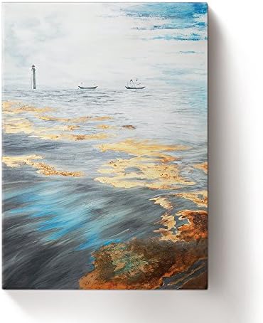 Crystal Emotion Golden Abstract Paintings,Blue Sea Beach Pictures Paintings on Canvas Wall Art Stretched and Framed Contemporary Landscape Ocean(Lighthouse and Boats,Rich Golden Sunset) 24x36inch