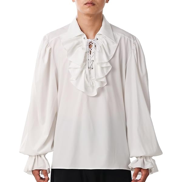 Piratenhemd voor heren, ruches, middeleeuws hemd, veterhemd, gothic shirt, piraat, lange mouwen, kostuum, renaissance, Viking, Victorian, steampunk, cosplay tops, wit, L