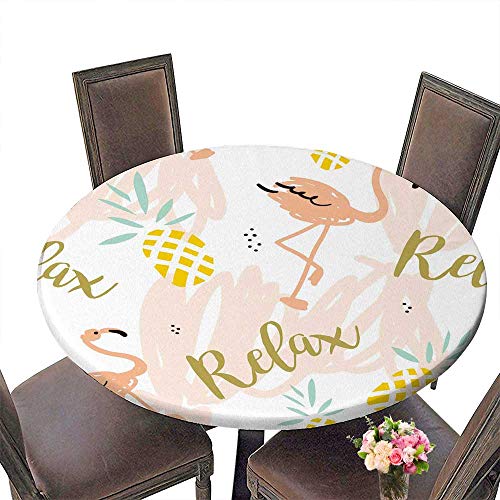 PINAFORE Modern Simple Round Tablecloth Blush Pink Flamingo Pineapples and Message Relax on a White with Pastel Strokes Decoration Washable 50"-55" Round (Elastic Edge)