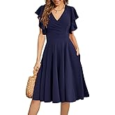 DGHBVS Women's Cocktail Dress Wrap V Neck Ruffle Short Sleeve A Line Work Formal Wedding Guest Midi Dress with Pockets
