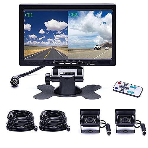 CAMECHO Backup Camera Kit with 7" LCD Display Dual Camera and 4 Channel Quad Video Input, IP68 Waterproof Rearview Camera for Camper, Truck, RV and Trailers