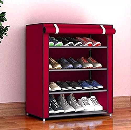 Keekos Multipurpose Portable Folding Shoes Rack 4 Tiers Multi-Purpose Shoe Storage Organizer Cabinet Tower with Iron and Nonwoven Fabric with Zippered Dustproof Cover (Maroon)