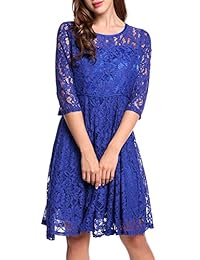 Beyove Vestido plisado para mujer, manga 3 4, cuello redondo, encaje floral, cóctel, fiesta