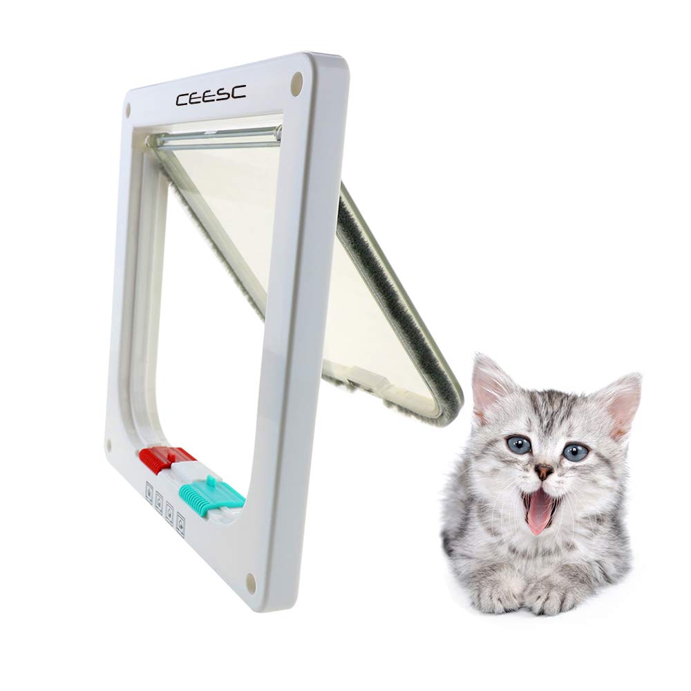CEESC Cat Flap Door Magnetic Pet Screen Door With 4 Way Lock for Puppies and Small Dogs, 3 Sizes and 2 Colors Options (S: 7.56"(W) x 7.87"(H) x 0.71"(D), White)