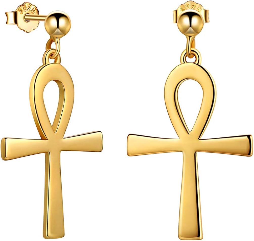 Cross Ankh Earrings Dangle Men Women Silver 18K Gold Plated Key of Life Ankh Earrings Stud