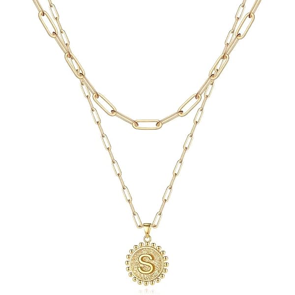MJARTORIA Layered Initial Necklace Set - 3 Paperclip Chains With Moon Square Letter Pendant, 14K Gold Plated, 14-18 Inch