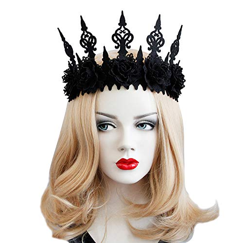 Gothic Black Rose Crown Halloween Tiara Headband Bridal Flower Hair Wreath Garland Wedding Headpiece Floral Head Accessories Headdress for Women Girls Party Bride Photography Props (Black)