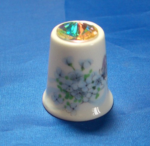Porcelain China Collectable Thimble - Forget Me Not Swarovski Crystal -- Free Gift Box