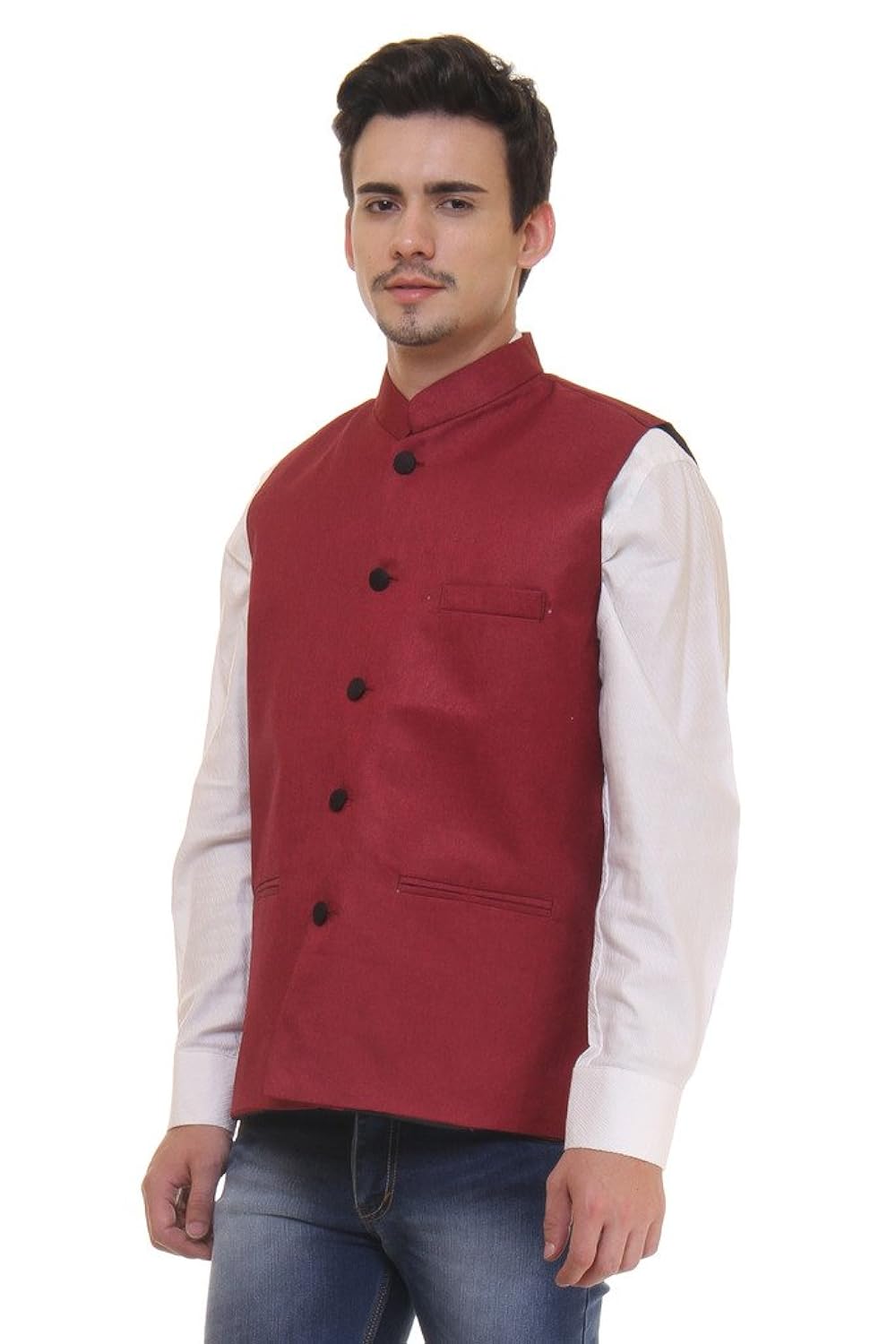 routeen maroon casual partywear ethnic modi jacket waistcoat for men