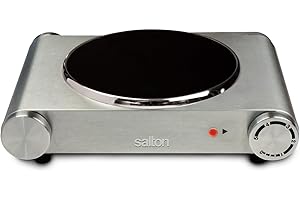 Salton Single Stainless Steel Infrared Portable Electric Cooktop with Large 7.4” Diameter Burner, Variable Tempertature Contr