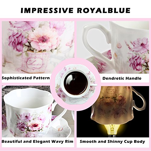 Coffee Tea Cup and Saucer Set of 6—7OZ New Bone China Vintage Floral Pattern Tea Cup Set, 220ml Porcelain Cups for Specialty Coffee Drinks, Latte, Cafe Mocha and Cappuccino