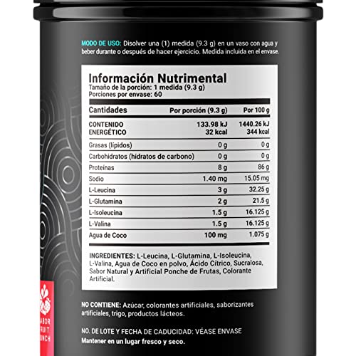BCAAs con Glutamina en polvo con 60 Porciones. Leucina, Isoleucina, Valina, Glutamina y Agua de Coco. BCAAs + Glutamine Sabor FRUIT PUNCH 558 Gramos B Life.