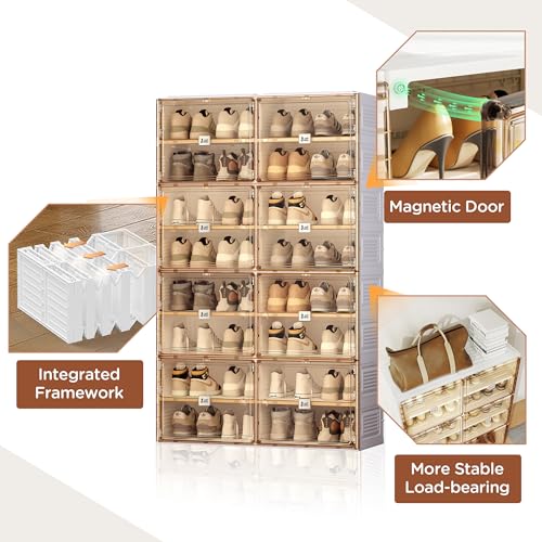 ANTBOX Portable Shoe Rack Organizer for Closet Entryway, Stackable Sneaker Storage Shoe Cabinet with Magnetic Clear Door, Large Plastic Storage containers Bins with Lids 8 Tiers 32 Pairs
