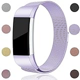 Maledan For Fitbit Charge 2 Bands, Stainless Steel Milanese Loop Metal Replacement Accessories Bracelet Strap with Unique Magnet Lock for Fitbit Charge 2 HR Lavender Large