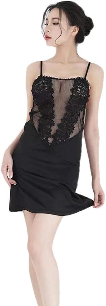 Camicia da notte sexy Sottoveste in raso Morbidissimi con pizzo Nero Z022