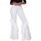 GUOLEZEEV Womens High Waisted Ruffle Flare Fit Pants Solid Color Wide Leg Trousers