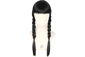 Topcosplay Kids Girls Wednesday Wig Black Long Straight With 2 Braids Halloween Costume Wigs