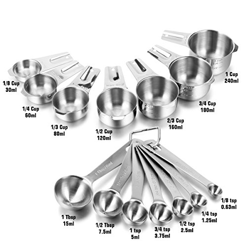 Engraved Measuring Cups Spoons Set, Umite Chef Round Teaspoons Made of 304 Stainless Steel, 7 Cups,7 Spoons, 1 Magnetic Measurement Conversion Chart, Volume 1/8 Tsp/0.63 ML to 1 Tbsp/15 ML