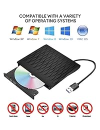 External CD DVD Drive USB 3.0 Slim Portable High Speed Data Transfer CD DVD-RW Drive Writer Burner Rewriter Player for MacBook Pro Laptop Desktops Win 7 8 10 and Linux OS (Black)