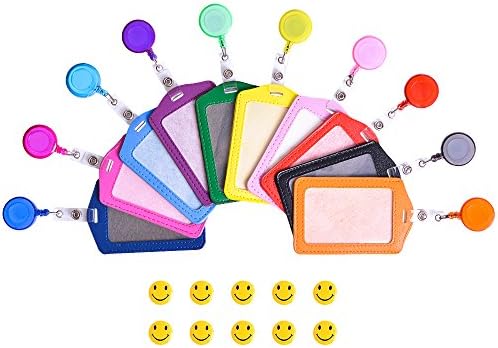 Retractable Badge Holder, ID Card Clip on Badge Reels with Belt Clip &amp; Vertical PU Leather Name Tag Holders &amp; Smile Face Stickers 10 Pack by NATUREBELLE