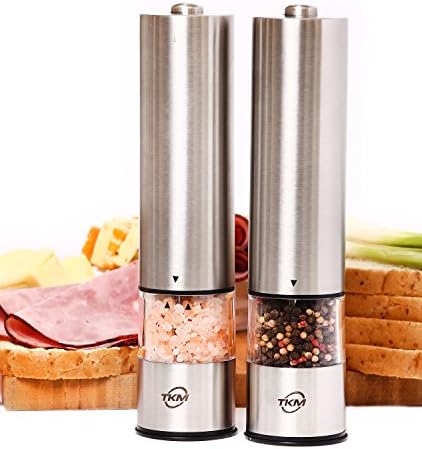 Salt and Pepper Grinder Set (Pack of 2) by The Kitchen Miracles, Adjustable, Electric and Battery Operated Mill, Brushed Stainless Steel, Salt Shaker, One Hand Easy Operation, LED Light, 100% Warranty