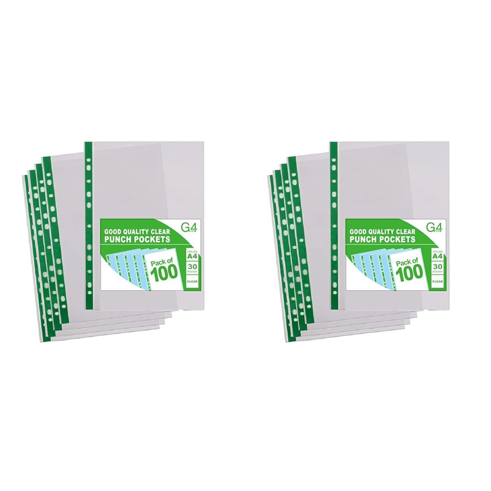 100 A4 Plastic Value Punched Punch Pockets 10-15 Sheets 30 Micron for Folders Filing Wallets Sleeves (Pack of 2)