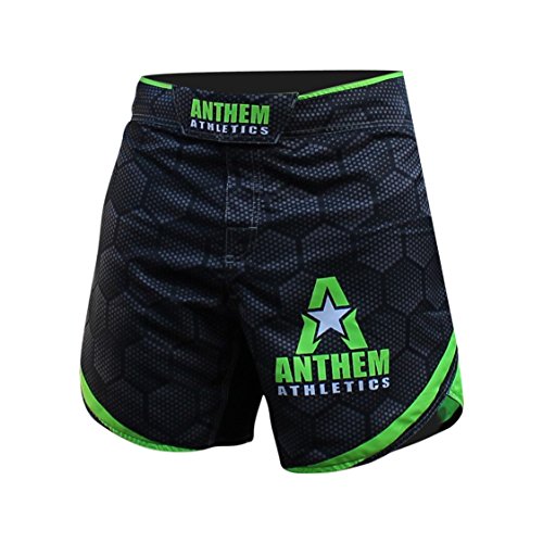 Anthem Athletics Defiance Kickboxing Short MMA Shorts - Muay Thai, BJJ, WOD, Cross-Training, OCR - Black Hex with Green - 34"