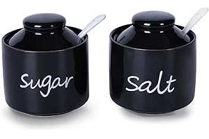 ONTUBE 8oz Sugar and Salt Bowls with Lid and Spoon, Ceramics Condiment Pots,Seasoning Jar Spice Container for Kitchen,Dishwasher Safe (Black)