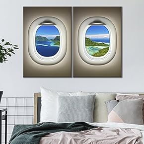 2 Panel Canvas Wall Art - Brown Plane Window Seat Tropical Green Island Ocean View - Giclee Print Gallery Wrap Modern Home Art Ready to Hang - 16"x24" x 2 Panels