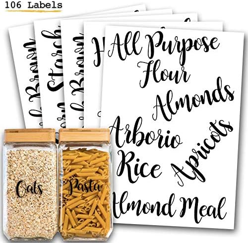 106 Pantry Labels Stickers by 7 Ruby Road for Kitchen Organization and Storage. Clear Water Resistant, Farmhouse Cursive Script for Food Canisters, Containers, Mason Jars for flour, sugar, coffee