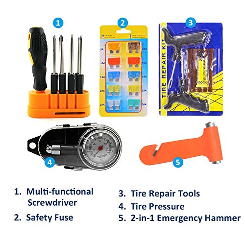 TekkPerry Auto Car Truck Roadside Assistance Kits,14-Piece Tools Set Car Solution Kit with Jumper Cables, Tire Pressure,Tow Trap,Reflective Triangle - Thumbnail 4