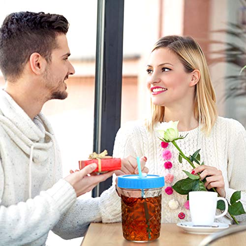 CONNYAM Wide Mouth Mason Jars with Lids (2pcs Jars, 16 oz/Pint), Including 2pcs Flip Top Lids and 2pcs Leakproof Lids and 2pcs Drink Lids with Straw Hole