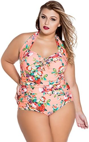 Womens Plus Size Halter Ruched Non-Underwire Monokini Swimwear Swimsuit Orange 4XL