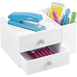 mDesign Office Supplies Desk Organizer for Staplers, Scissors, Pens, Markers - 2 Drawer Side Caddy, White